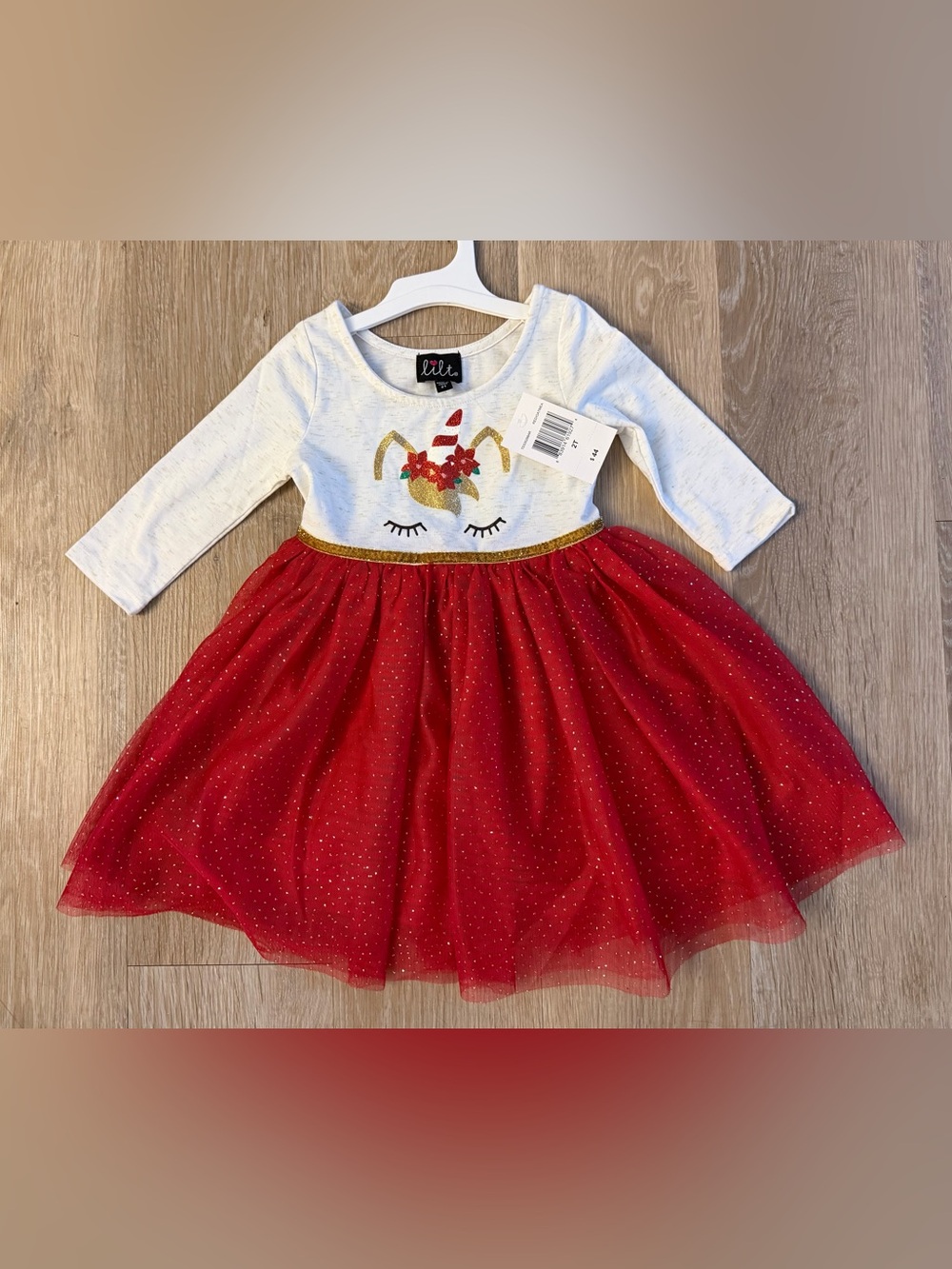 (NWT) Lilt Girl's Size 2T White & Red Unicorn Sparkly Holiday Tulle Dress